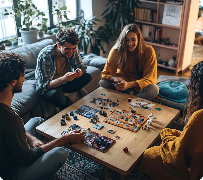 Vier mensen spelen bordspellen in de gezellige sfeer van de woonkamer.