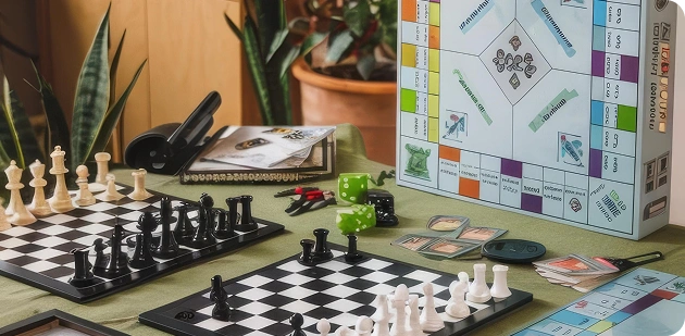 Een tafeltje met het spel Monopoly en diverse bordspellen ernaast.